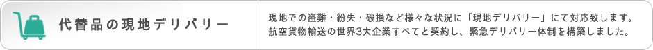 代替品の現地デリバリー　現地での盗難・紛失・破損など様々な状況に「現地デリバリー」にて対応致します。航空貨物輸送の世界3大企業すべてと契約し、緊急デリバリー体制を構築しました。