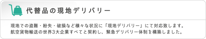 代替品の現地デリバリー　現地での盗難・紛失・破損など様々な状況に「現地デリバリー」にて対応致します。航空貨物輸送の世界3大企業すべてと契約し、緊急デリバリー体制を構築しました。